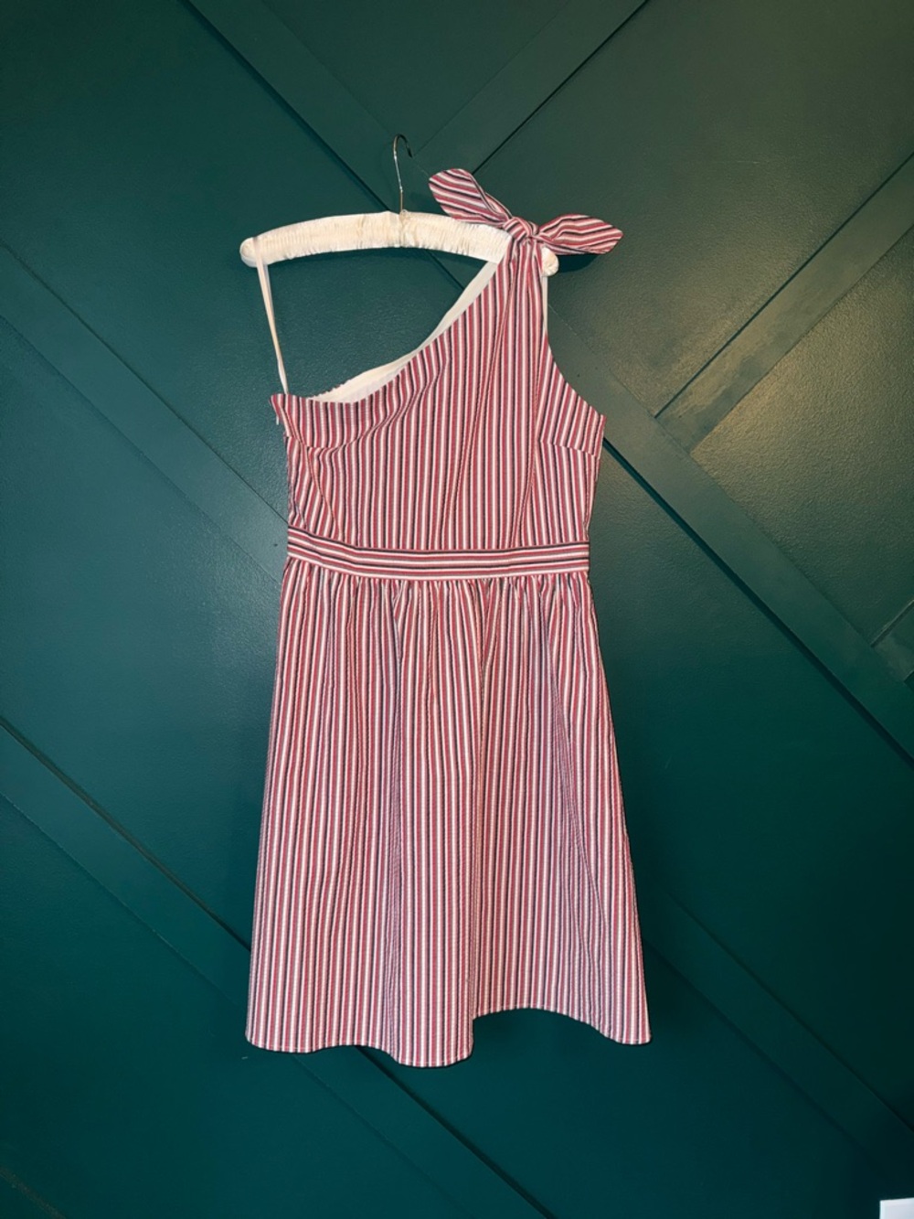 LOFT Red and White Striped One-Shoulder Dress with Bow